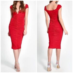 MISSGUIDED Plunge V-neck Ruched Bodycon Slinky Midi Red Dress